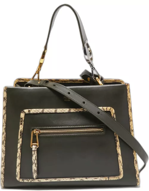 Fendi Green/Beige Leather and Watersnake Trim Small Runaway Top Handle Bag