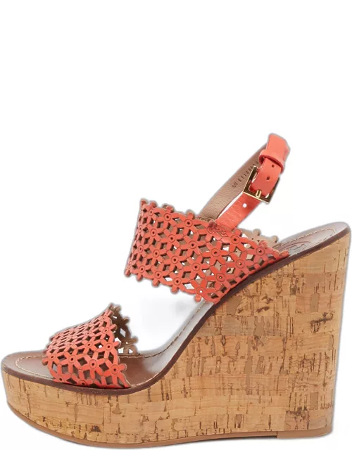 Tory Burch Orange Perforated Leather Daisy Cork Wedge Sandal