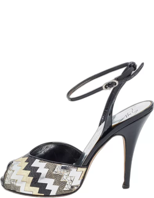 Giuseppe Zanotti Black/Silver Zigzag Leather Peep Toe Platform Sandal