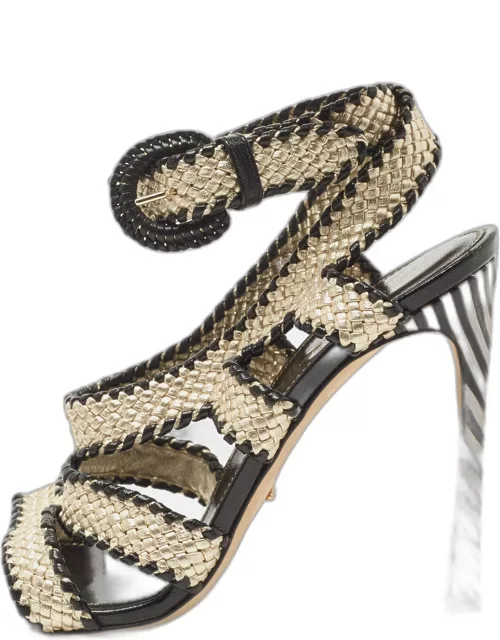 Sergio Rossi Two Tone Woven Leather Ankle Wrap Sandal