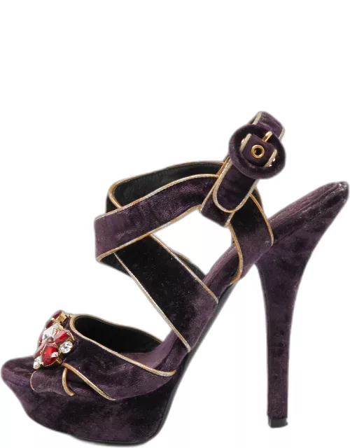 Dolce & Gabbana Purple Velvet and Leather Ankle Strap Sandal
