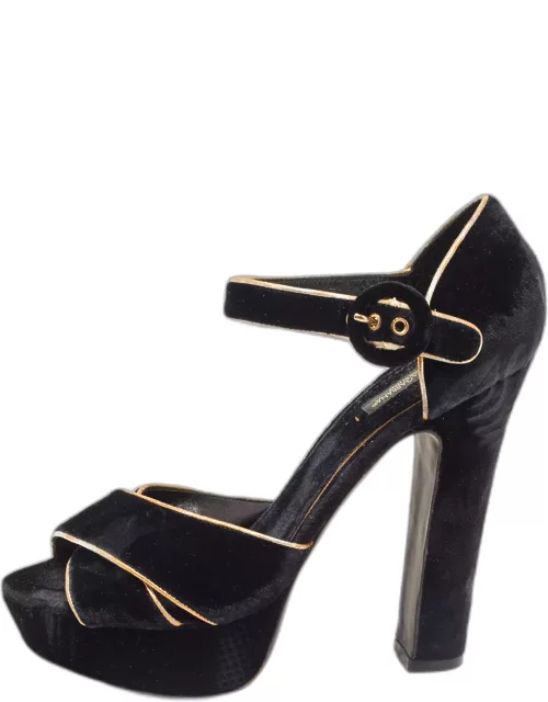 Dolce & Gabbana Black Velvet Criss Cross Platform Ankle Strap Sandal