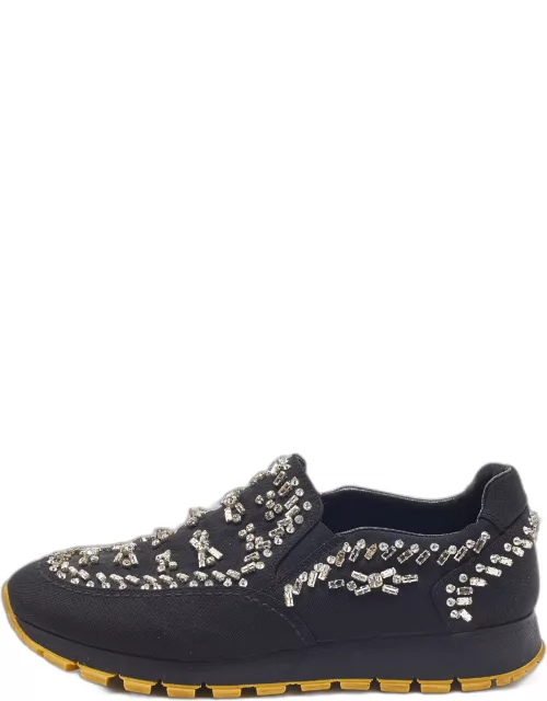 Prada Black Nylon Crystal Embellished Slip On Sneaker