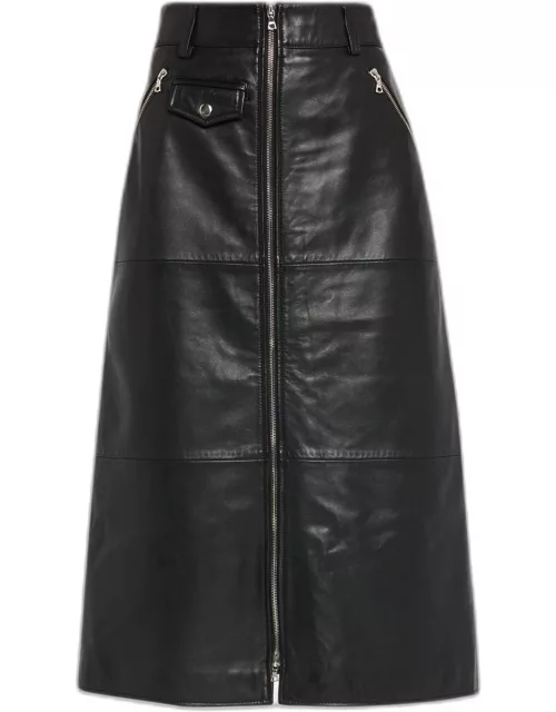 Lilia Zip-Front Leather Midi Skirt