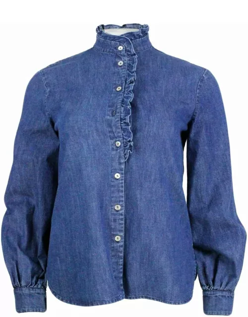 Barba Napoli Long-sleeved Shirt In Fine Denim Embellished With Rouges On The Collar And Along The Buttons. Regular Line