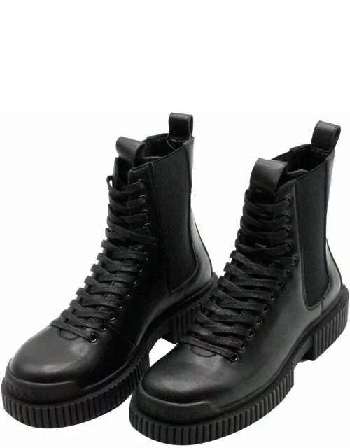 Armani Collezioni Amphibious Boot Shoe With Laces Closure In Genuine Leather With Side Elastic Band And Rubber Sole
