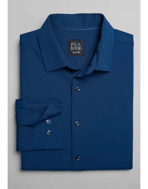 JoS. A. Bank Men's Traveler Performance Tailored Fit 4 Way Stretch Long Sleeve Casual Shirt, Navy, Mediu
