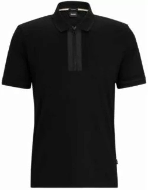 Mercerized-cotton polo shirt with zip placket- Black Men's Polo Shirt