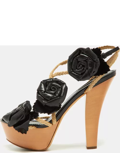 Louis Vuitton Black Leather Floral Applique Rope Strap Platform Sandal