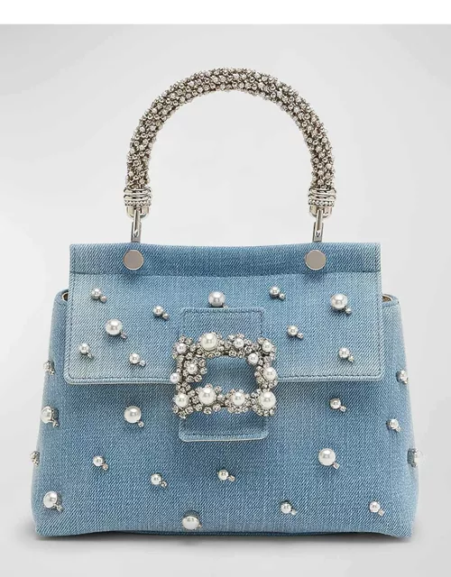 Viv Flower Pearly Jewel Denim Top-Handle Bag