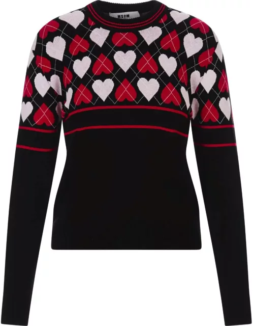 MSGM Black Sweater With active Hearts Motif