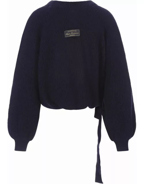 MSGM Blue Crew Neck Pullover With Ribbon On The Botto