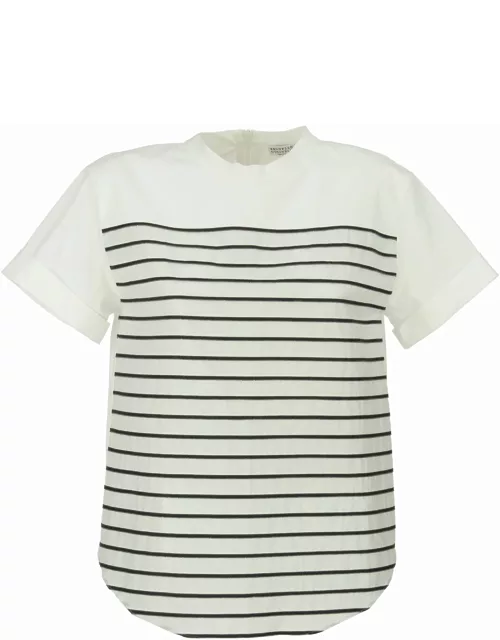 Brunello Cucinelli Stretch Cotton Poplin T-shirt With Shiny Stripe