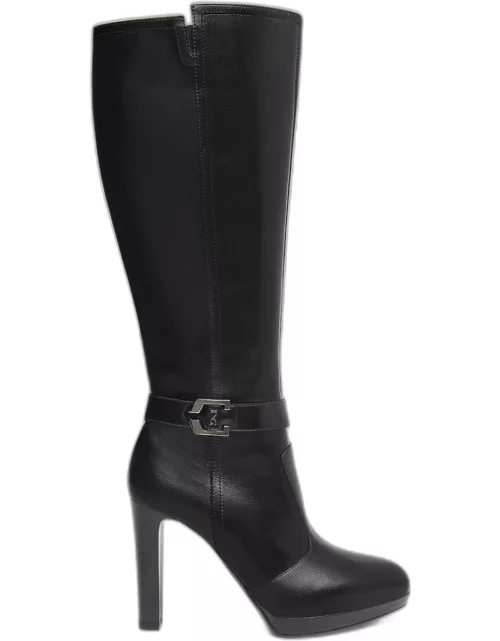 Logo Buckle Leather Knee Boot