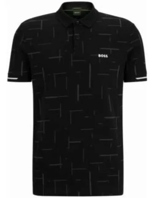 Cotton-jersey polo shirt with tonal printed pattern- Black Men's Polo Shirt