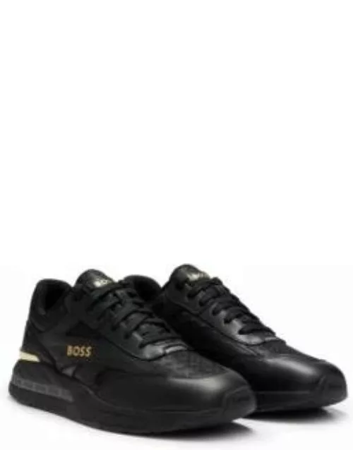 Mixed-material trainers with leather and monogram jacquard- Black Men's Sneaker