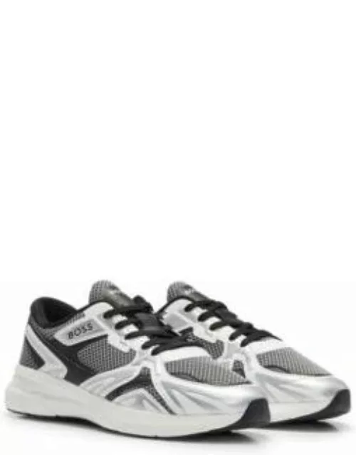 Mixed-material sneakers with mesh and synthetic coated fabric- Silver Men's Shoe