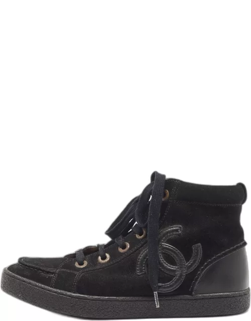 Chanel Black Leather and Suede CC High Top Sneaker