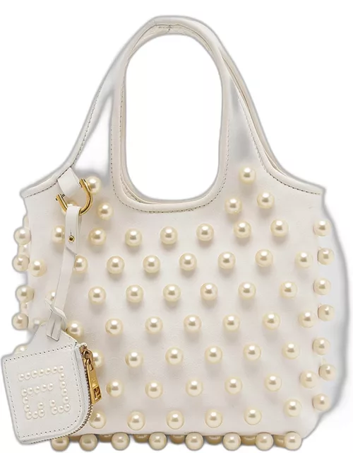 Grocery Small Tote Bag in Leather with Pearl-Embellishment