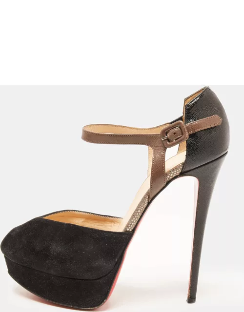 Christian Louboutin Black/Grey Suede And Leather Peep Toe Ankle Strap Platform Sandal