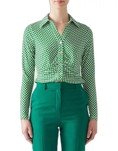 Molly Ruched Polka-Dot Button-Down Top