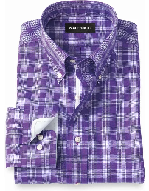 Non-iron Cotton Glen Plaid Dress Shirt With Contrast Tri