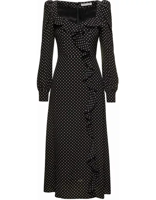 Alessandra Rich Polka Dot Midi Black Dress With Volant In Silk Woman