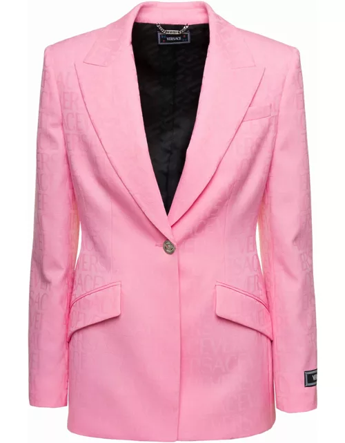Versace Pink Single-breasted Jacket With All-over Tonal Logo Lettering Print In Wool Woman