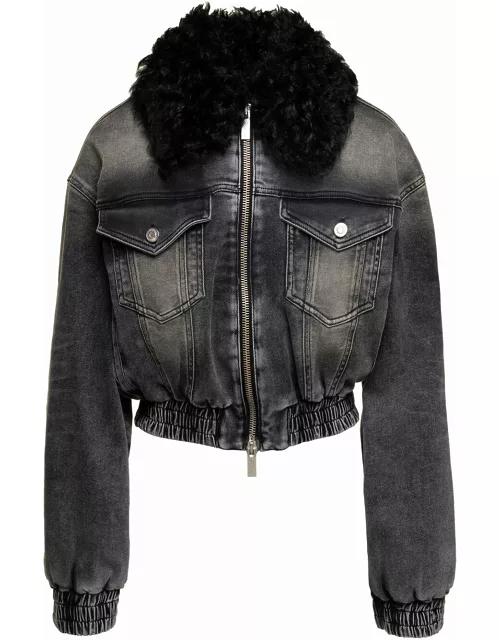 Blumarine Black Jacket With Faux Fur Collar And Logo Embroidery In Stretch Cotton Denim Woman
