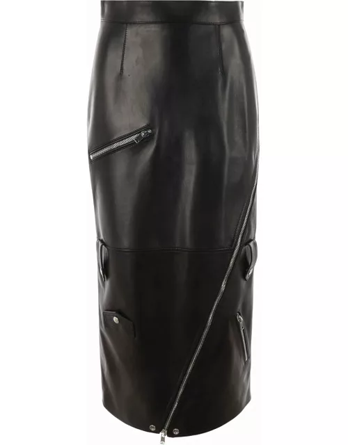 Alexander McQueen Long Black Skirt With Zip Embellishment In Smooth Leather Woman