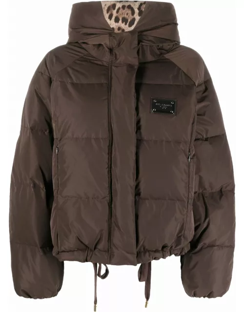 Brown down jacket with logo plaque
