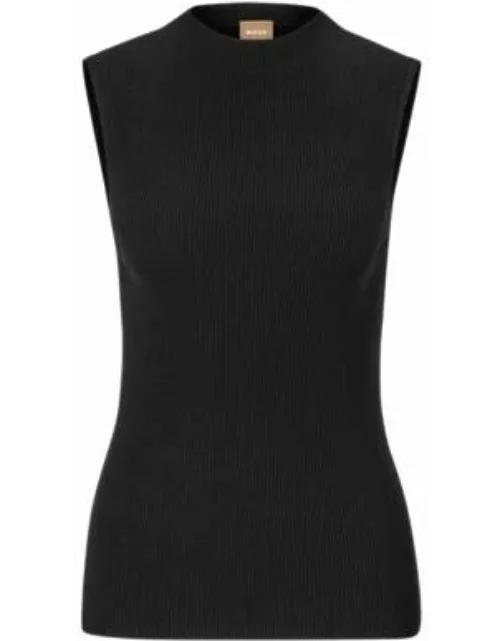 Sleeveless mock-neck top with ribbed structure- Black Women's Top