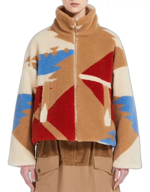 Geometric-Print Zip-Front Fleece Jacket