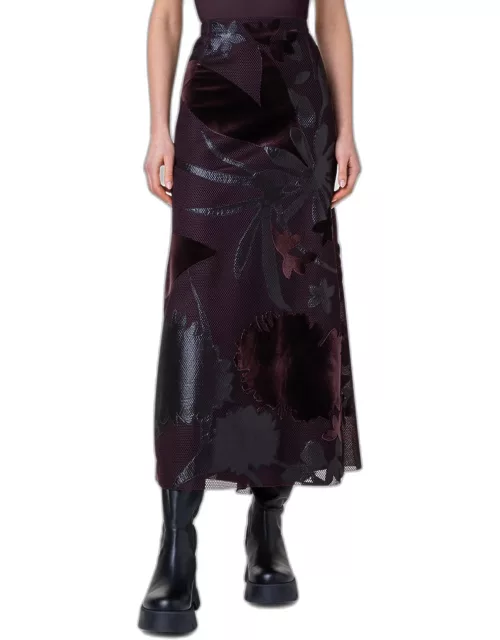 Techno Grid Maxi Skirt with Floral Embellishment