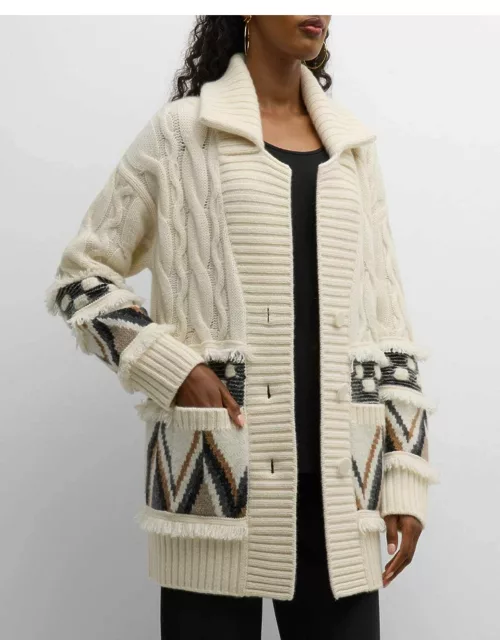 Recycled Cashmere Cable-Knit Fringe Cardigan