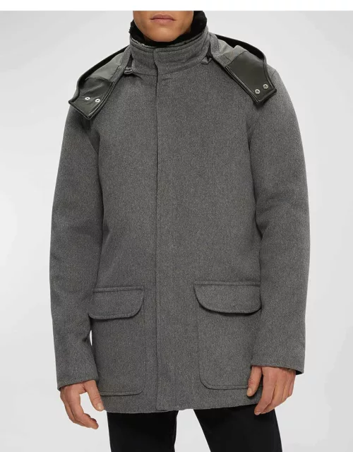 Men's Lamb Shearling-Collar Brushed Wool Parka Jacket With Detachable Hood
