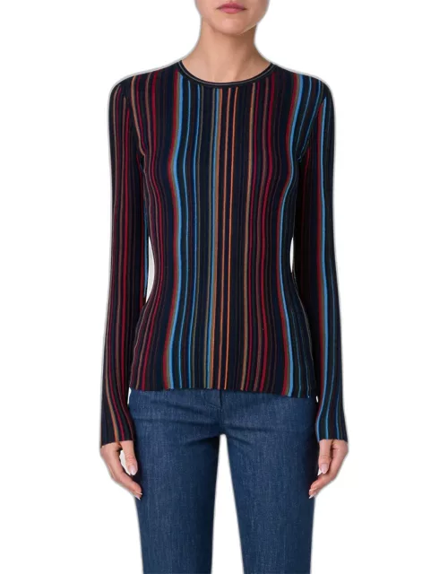 Irregular Striped Long-Sleeve Fitted Sweater