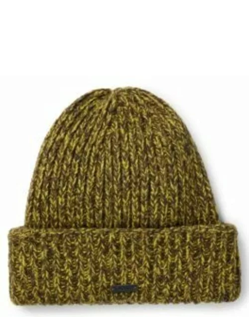 Chunky-knit beanie hat with faux-leather logo plaque- Light Green Men's Winter Outfit