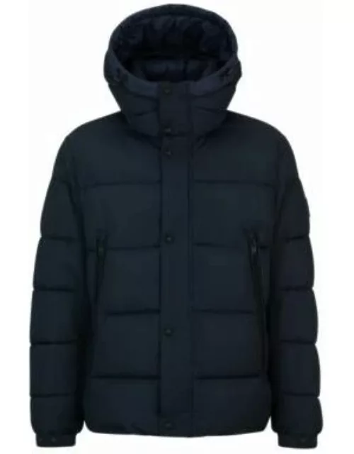 Water-repellent hooded puffer jacket with logo badge- Dark Blue Men's Casual Jacket