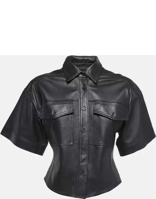Frame Black Leather Button Front Half Sleeve Shirt