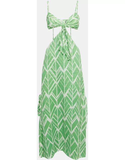 Alexis Green Printed Linen Cutout Detail Midi Dress