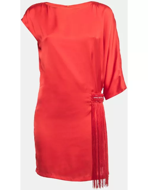 Class by Roberto Cavalli Red Satin Fringed Detail Tunic Dress