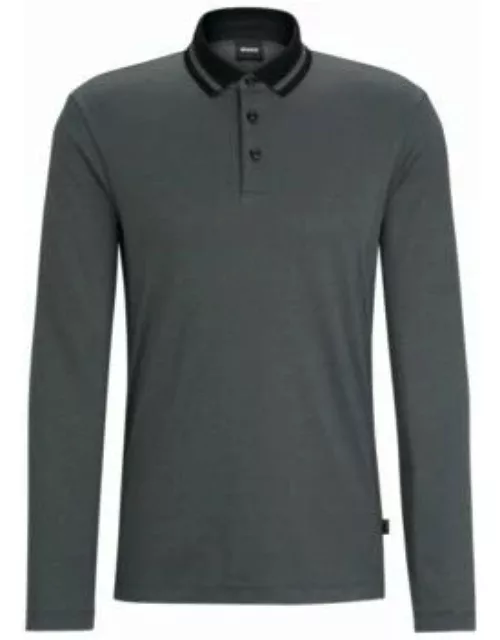 Slim-fit long-sleeved polo shirt with woven pattern- Black Men's Polo Shirt