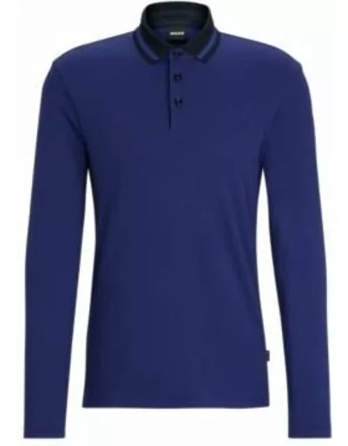 Slim-fit long-sleeved polo shirt with woven pattern- Dark Blue Men's Polo Shirt