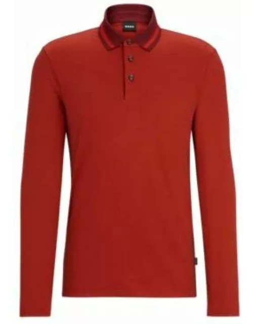 Slim-fit long-sleeved polo shirt with woven pattern- Dark Red Men's Polo Shirt