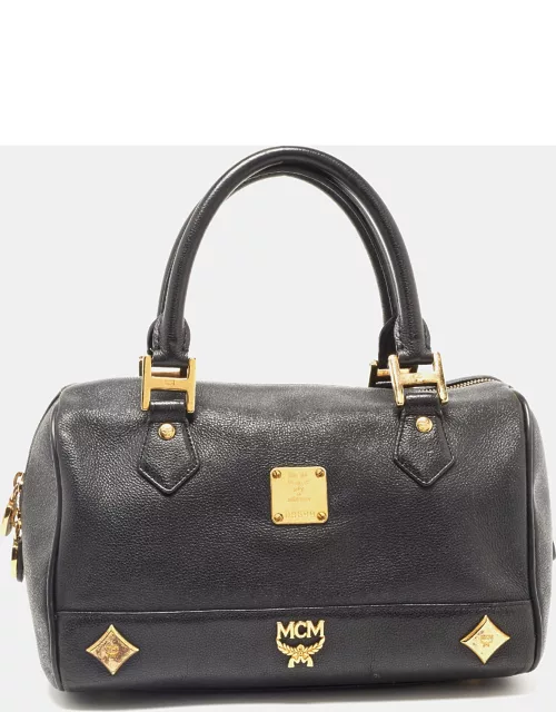 MCM Black Leather Embellished Boston Bag
