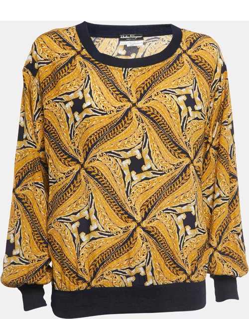 Salvatore Ferragamo Navy Blue/Yellow Abstract Leopard Print Silk Crew Neck Sweatshirt One