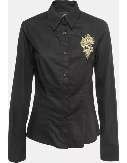 Just Cavalli Black Cotton Logo Crest Embroidered Shirt