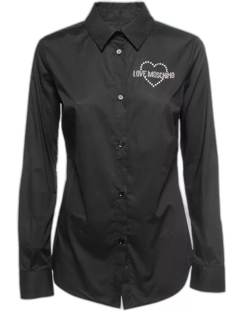 Love Moschino Black Cotton Rhinestone Embellished Logo Shirt