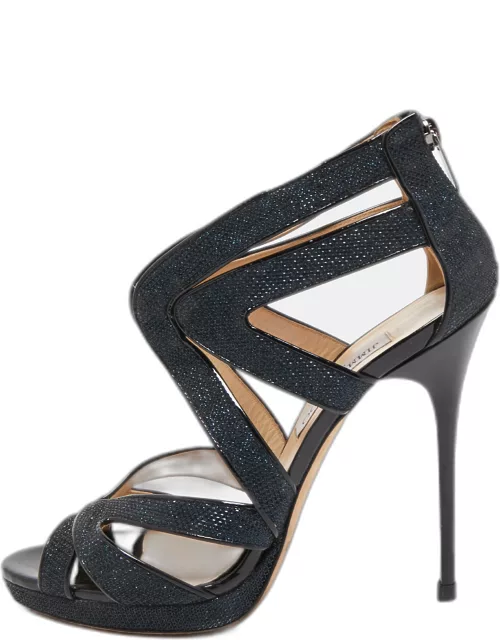 Jimmy Choo Navy Blue /Black Glitter and Patent Leather Strappy Ankle Sandal